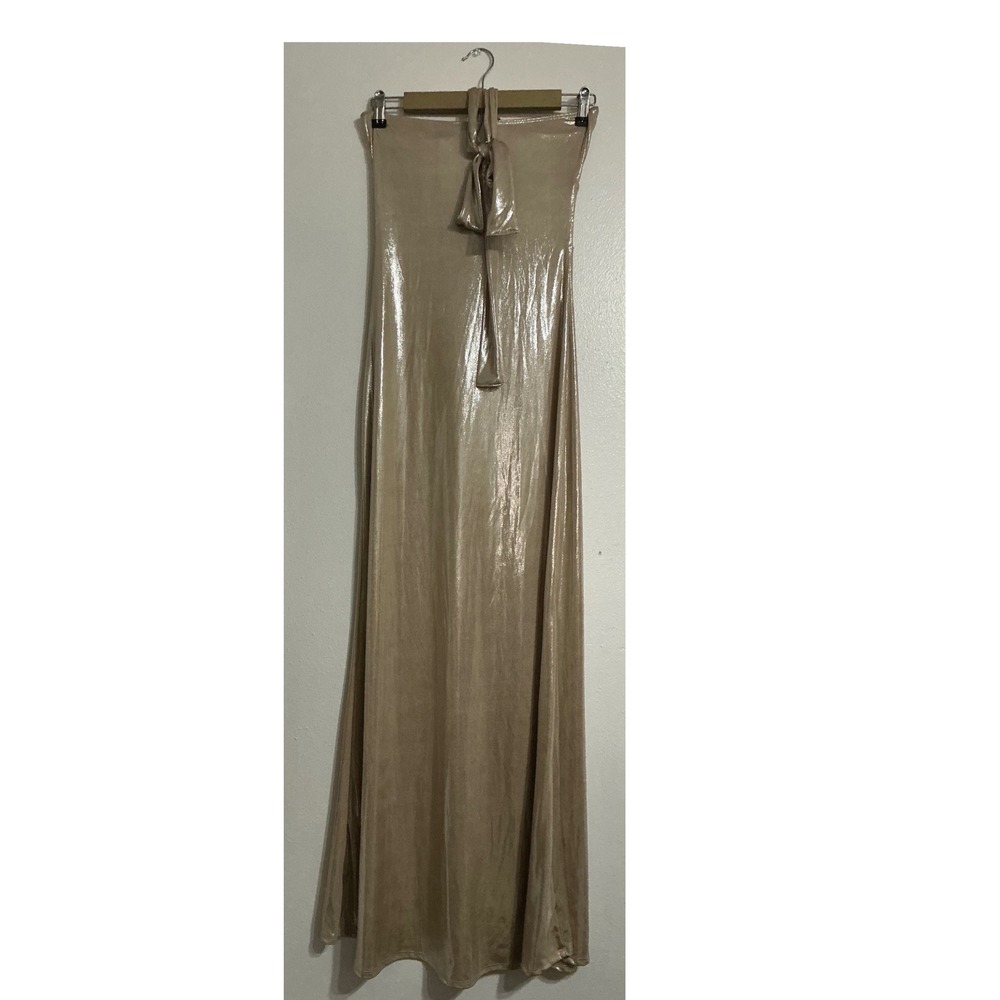 Fashion Nova Katia Metallic Champagne Halter Cutout Maxi Dress Size L Glam Party - Picture 4 of 10